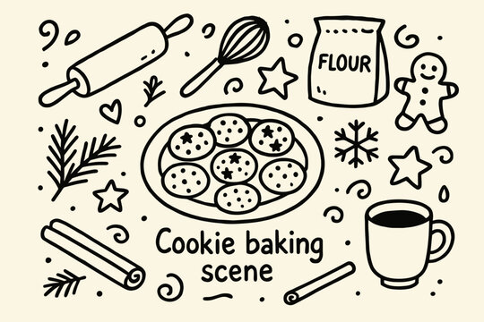 Whimsical Cookie Bake. Cookie baking scene. Hand-drawn doodle illustration of Cookie baking scene. Central