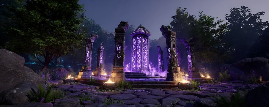 Purple-stone temple mockup with glowing runes and digital control monoliths