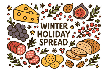 Festive Holiday Feast. Winter holiday spread. Hand-drawn doodle illustration of Winter holiday spread. cheese