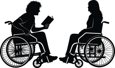 Black vector silhouettes of a diverse man reading a book and a woman sitting in wheelchairaphics.