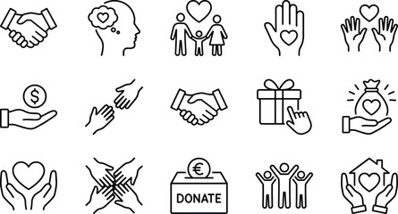 Volunteering, Love, Help, Fundraising, and Giving Symbols — Outline Collection for Community, Nonprofit, and Social Support