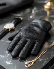 Luxurious Black Leather Glove with Gold Chain and Watch on Marble Surface