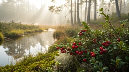 Misty forest stream with red berries and sunbeams