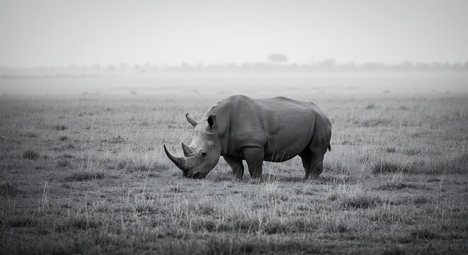 Majestic White Rhinoceros Grazing in a Misty African Savannah.
