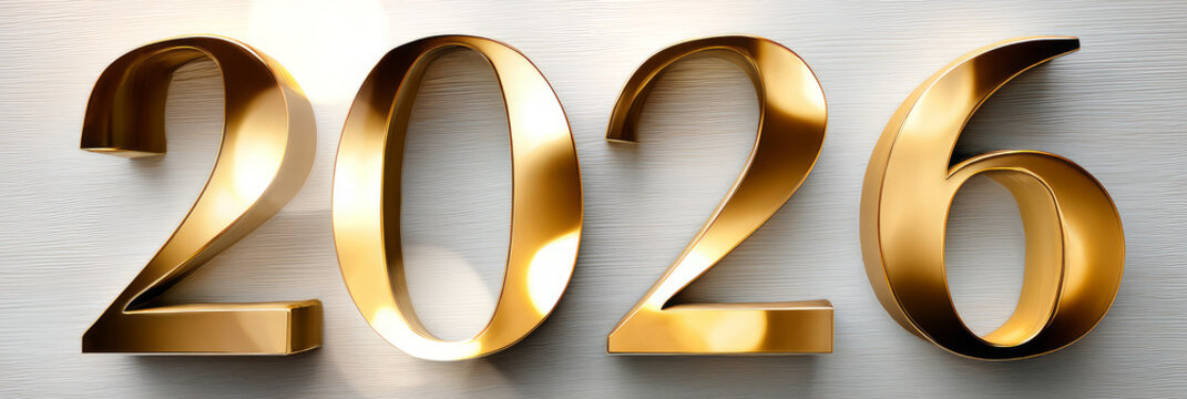 Happy new year 2026 - festive new year party background greeting card with text - Golden yellow fireworks in dark black night. The numbers are written on a white light background, banner - Powered by Adobe