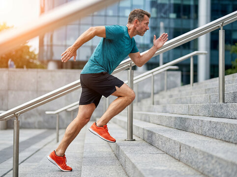 Ambition and personal growth concept with a fit mature man running up concrete stairs in a modern city background.