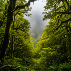 Deep rainforest gradient of moss green fading into humid fog grey