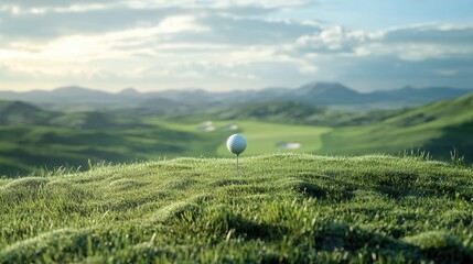 Golf ball on tee on a lush green golf course with rolling hills and mountains in the background