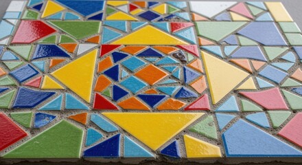 A vibrant mosaic pattern featuring colorful tiles in geometric shapes creates an eye catching texture perfect for backgrounds or design elements
