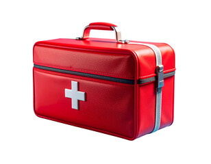  Angled View of Red First Aid Kit on Blue Surface, Medical Supplies Concept, Transparent Background.