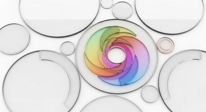 A vibrant rainbow colored swirl is surrounded by clear glass circles on a white background creating a modern abstract design