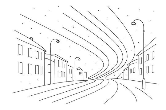 Minimalist City Night. Frosty night light streaks. Minimalistic one-line drawing snowy city street with