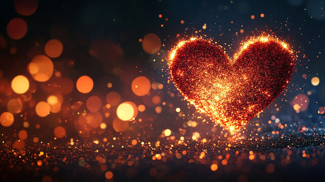 Glowing heart made of glittering particles forms a seamless loop background. The scene evokes romance, celebration, love, festive energy, and visually captivating animated digital effects.