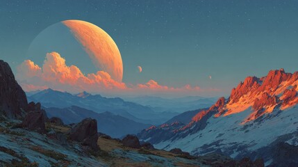 Majestic mountain landscape with celestial bodies fantasy realm digital art tranquil environment scenic viewpoint cosmic concept