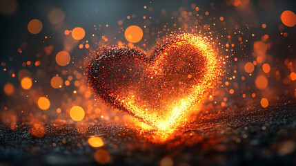 Glowing heart made of glittering particles forms a seamless loop background. The scene evokes romance, celebration, love, festive energy, and visually captivating animated digital effects.