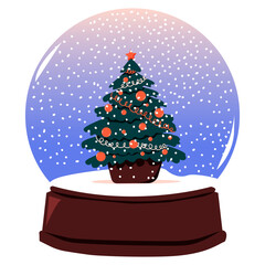 Snow globe with Christmas tree and snowflakes. Christmas  souvenir. Present for cozy Happy Holidays