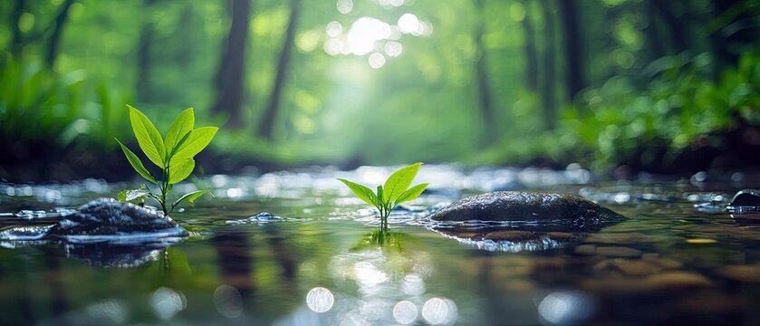 Two young plants with bright green leaves growing in a stream of water, with rocks, in a forest setting. The background is blurred with sunlight.