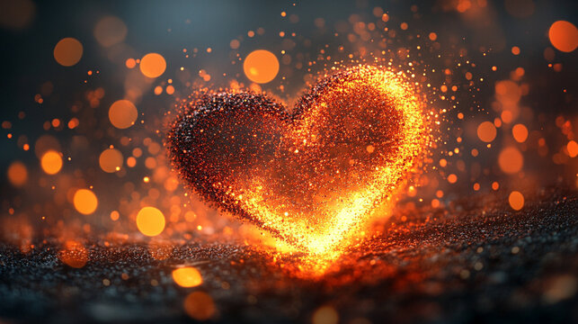 Glowing heart made of glittering particles forms a seamless loop background. The scene evokes romance, celebration, love, festive energy, and visually captivating animated digital effects.