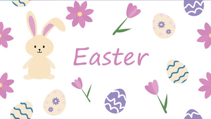 Obraz premium Cute easter bunny surrounded by colorful decorated eggs and spring flowers with the word easter written in pastel pink perfect for holiday greetings and decorations