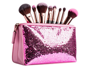 Angled View of Pink Makeup Pouch with Brushes and Sparkling Confetti, Transparent Background.