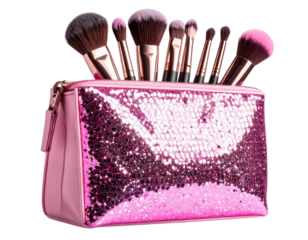 Angled View of Pink Makeup Pouch with Brushes and Sparkling Confetti, Transparent Background.
