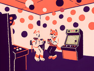 Cute Fox Friends Playing Arcade Games in Colorful Retro Game Room