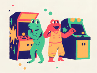 Two Happy Frogs Playing Retro Video Games at a Classic Arcade