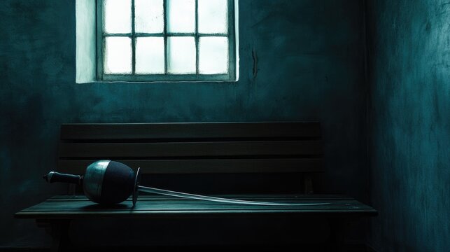 A dark and eerie prison cell with a wooden bench and a flail lying on it, a barred window above