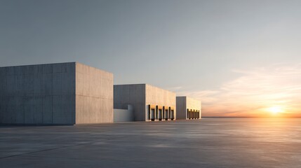 Obraz premium Modern Concrete Facade at Sunset: A minimalist architectural composition featuring a row of sleek.
