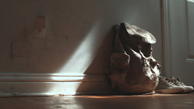 A cropped frame where a backpack leans against a wall with only a hand and shoes visible in soft ambient light