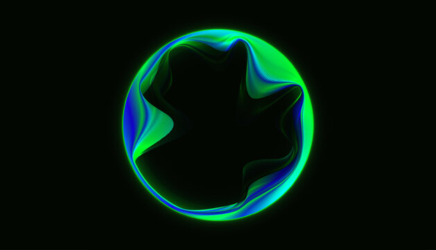 Abstract circular soundwave visualization glowing in vibrant green and blue neon colors on black background. Futuristic digital graphic represents audio, music, voice recognition and technology.