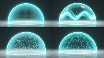 Four glowing turquoise energy shield domes with intricate patterns inside isolated on white background