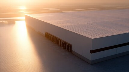 Geometric Facade: Capturing the sharp angles and modern design of a sleek, white building facade against a soft, golden sunrise, showcasing the interplay of light and shadow