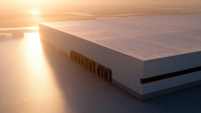 Geometric Facade: Capturing the sharp angles and modern design of a sleek, white building facade against a soft, golden sunrise, showcasing the interplay of light and shadow - Powered by Adobe