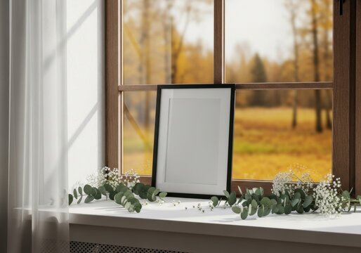 Calm interior with blank black-framed picture frame on white windowsill, decorated with eucalyptus branches and small white flowers