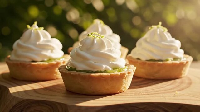 Four tartlets topped with white meringue and green garnish are arranged on a wooden surface with a blurred green background