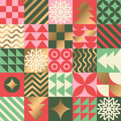 Merry Christmas vector illustration with abstract decoration elements  and geometric shapes pattern. Modern holiday background design template for card, poster print, web banner, wallpaper