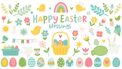 Fototapeta premium Happy easter blessings with cute chicks bunnies colorful eggs flowers rainbow and spring decorations on a white background