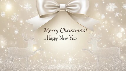 Elegant Christmas and New Year greeting card with white bow snowflakes sparkling background and reindeer - Powered by Adobe