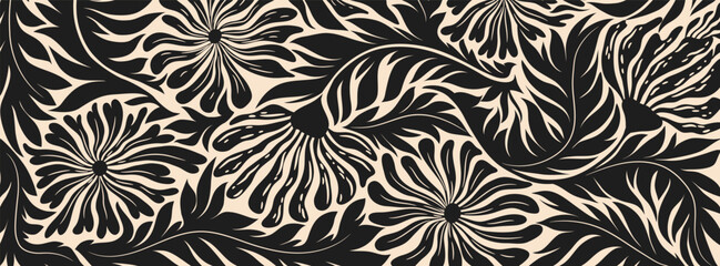 Abstract creative banner with hand drawn black flowers and plants isolated on beige background. Vector illustration design template for card, poster, print, invitation, wallpaper, decoration