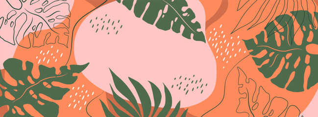 Vector abstract illustration with hand drawn tropical plants and geometric shapes background. Modern art design template for poster, card, advertising, invitation, web banner, cover