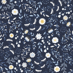 Vector seamless pattern with hand draw flowers, plants and floral elements isolated on dark blue background. Botanical illustration for card, print, fabric, wallpaper