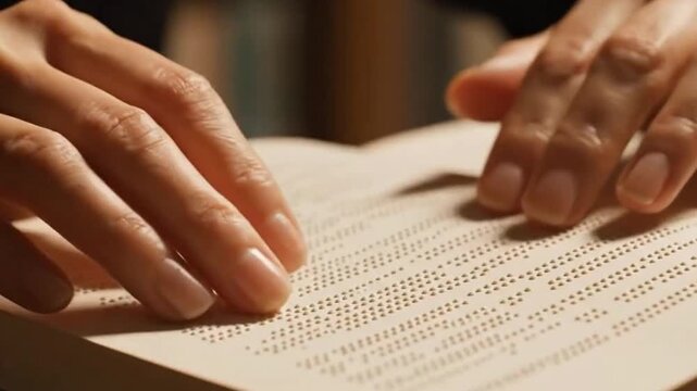 Hands reading braille pressing fingers onto a page with raised dots