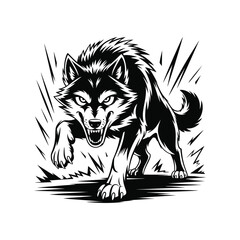 Aggressive wolf in a dynamic pose, silhouette vector design on a white background
