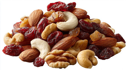 A pile of healthy trail mix with almonds, walnuts, cashews, and dried fruits on a transparent background. The scene evokes nutritious snacking, natural ingredients, energy food, and healthy eating.