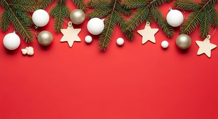 Christmas border with ornaments, stars and fir branches on red background