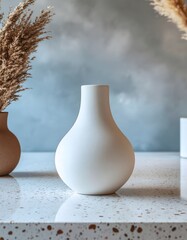 Minimalist Still Life: White Vase, Pampas Grass, Terrazzo Surface, Soft Light