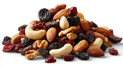 A pile of healthy trail mix with almonds, walnuts, cashews, and dried fruits on a transparent background. The scene evokes nutritious snacking, natural ingredients, energy food, and healthy eating.