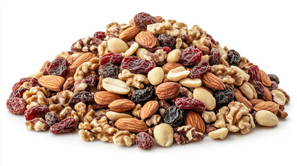 A pile of healthy trail mix with almonds, walnuts, cashews, and dried fruits on a transparent background. The scene evokes nutritious snacking, natural ingredients, energy food, and healthy eating.