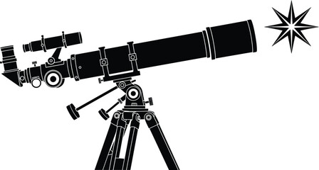 Large astronomical telescope on tripod pointed at a shining star black silhouette, isolated vector illustration for space, science, and exploration concept.